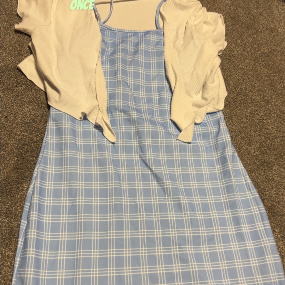 SHEIN Blue Plaid Mini Dress with White Cover-Up